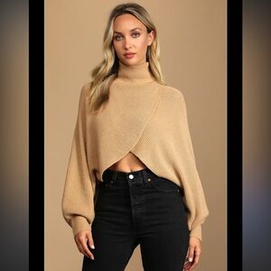 Cropped Turtleneck Long Sleeve Ribbed Lantern Sleeve Pullover Caramel Coffee M